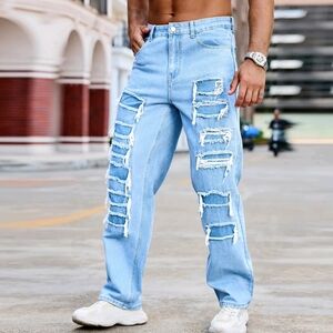 Men's Light Blue Ripped Relaxed Jeans